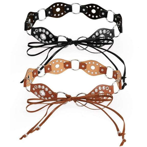 Deago 2 Pack Women's Bohemian Style Rope Braid Waist Belt Western Vintage Leather Belts for Dress Jeans (Black Brown)
