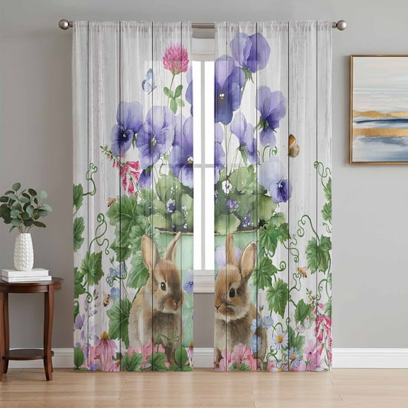 Spring Easter Sheer Curtains 108 Inch Length 2 Panels Set Window Treatments, Purple Floral Summer Botanical Vintage Rod Pocket Semi Curtains for Living Room/Bedroom/Kitchen Décor, 104"W x 108"L
