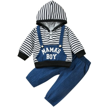 

CenturyX Baby Boys Sportswear Outfit Striped Letter Print Long Sleeve Hooded and Casual Denim Pants Set Blue 3-6 Months