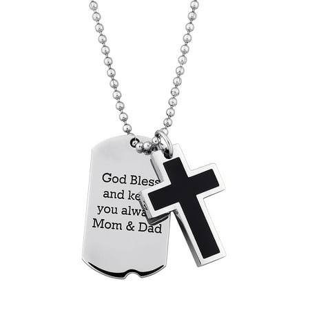 Personalized Planet Two-Tone Double Dog Tag Cross Engraved Stainless Steel Pendant, 20"