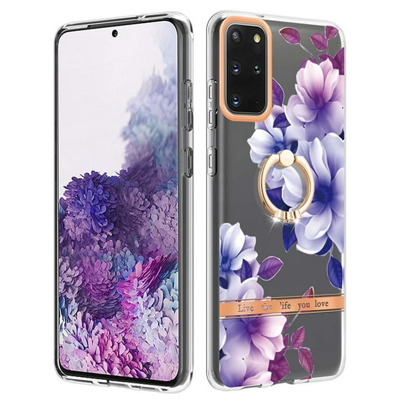 Compatible for Samsung Galaxy S20 Case with Ring Kickstand Holder Clear Floral Pattern Hybrid PC TPU Shockproof Protective Phone Case Cover for Samsung Galaxy S20 Women Girls, Purple Flower