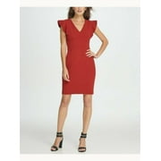 DKNY Womens V Neck Pleated Sheath Dress Red 6