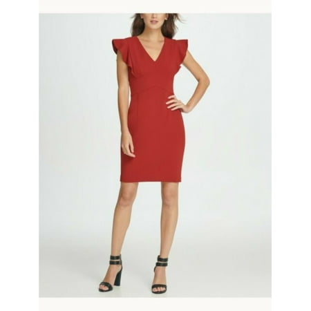 DKNY Womens V Neck Pleated Sheath Dress Red 6