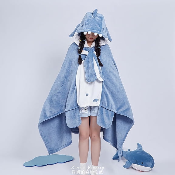 Cute Shark Blanket Hoodie Wearable Adult Onesie Cape, Soft Warm Flannel Plush Robe, Cosplay Costume Loungewear for Women Teens(RL)