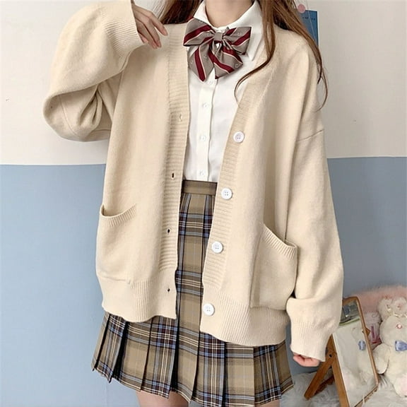Womens Japanese Cute Knitted Cardigan Sweater Long Sleeve Button Down School Jacket Braid Front Cardigan Animal Print Kimono Long Cardigans for Women Knit Open Knit Tops for Women Long Wrap Winter