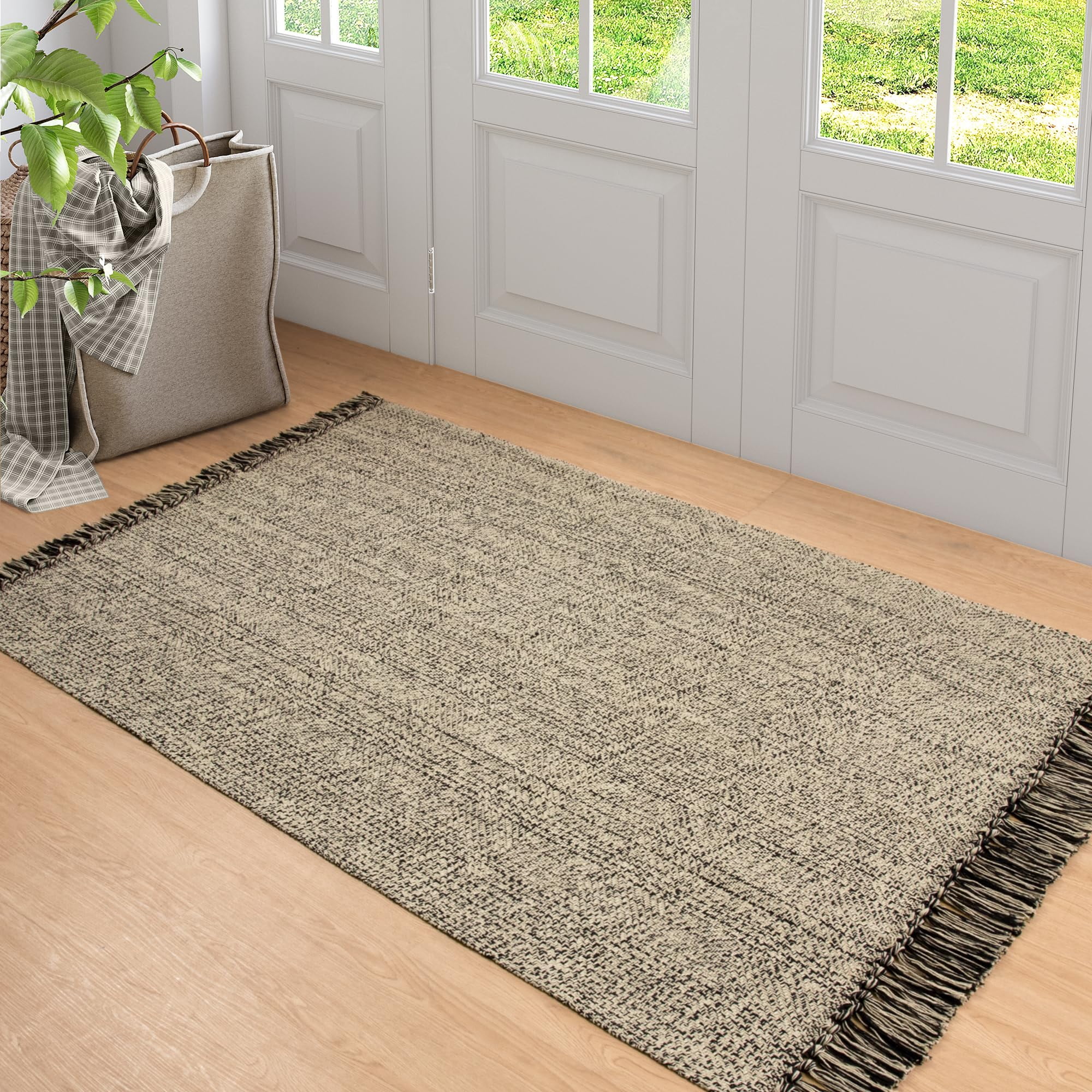 SUNDEREY 3'x5' Washable Bedroom Rugs,Area Rug,3x5ft Bohemian Kitchen Rug, Cotton Woven Entryway Rug, Modern Braided Door Mat,Stain Resistant Boho Rug Low-Pile Throw Rug for ‎Dining Room Office,Black