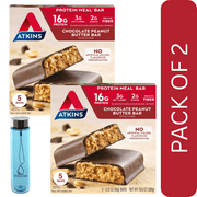 2 Pack Of Atkins Keto Friendly Chocolate Peanut Butter Protein Bars, Meal Replacement, 5 Ct, With Blue Water Bottle By Value Nest
