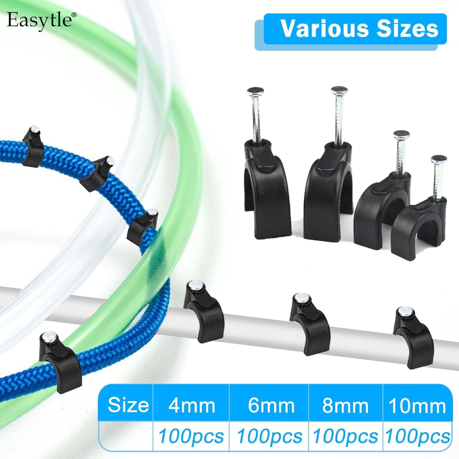 4/6/8/10mm Black Nail in Cable Clips Wire Tacks Clamps for Cable Management RG6 RG59 CAT6 RJ45 Ethernet Coax, 160 Pcs