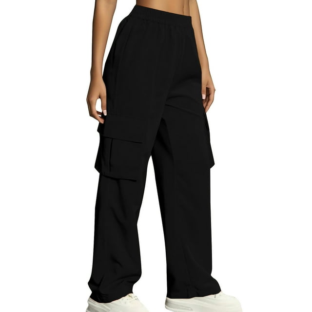 RXIRUCGD Women's Solid Color High Waist Flap Pocket Work Pants Trousers With Pockets, Black, Size: S