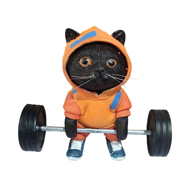 Kenally Escultura de gato de Fitness, estatuilla de gato, adorno de levantamiento de pesas de gato negro, escultura de gato con barra Artesanía Amarillo