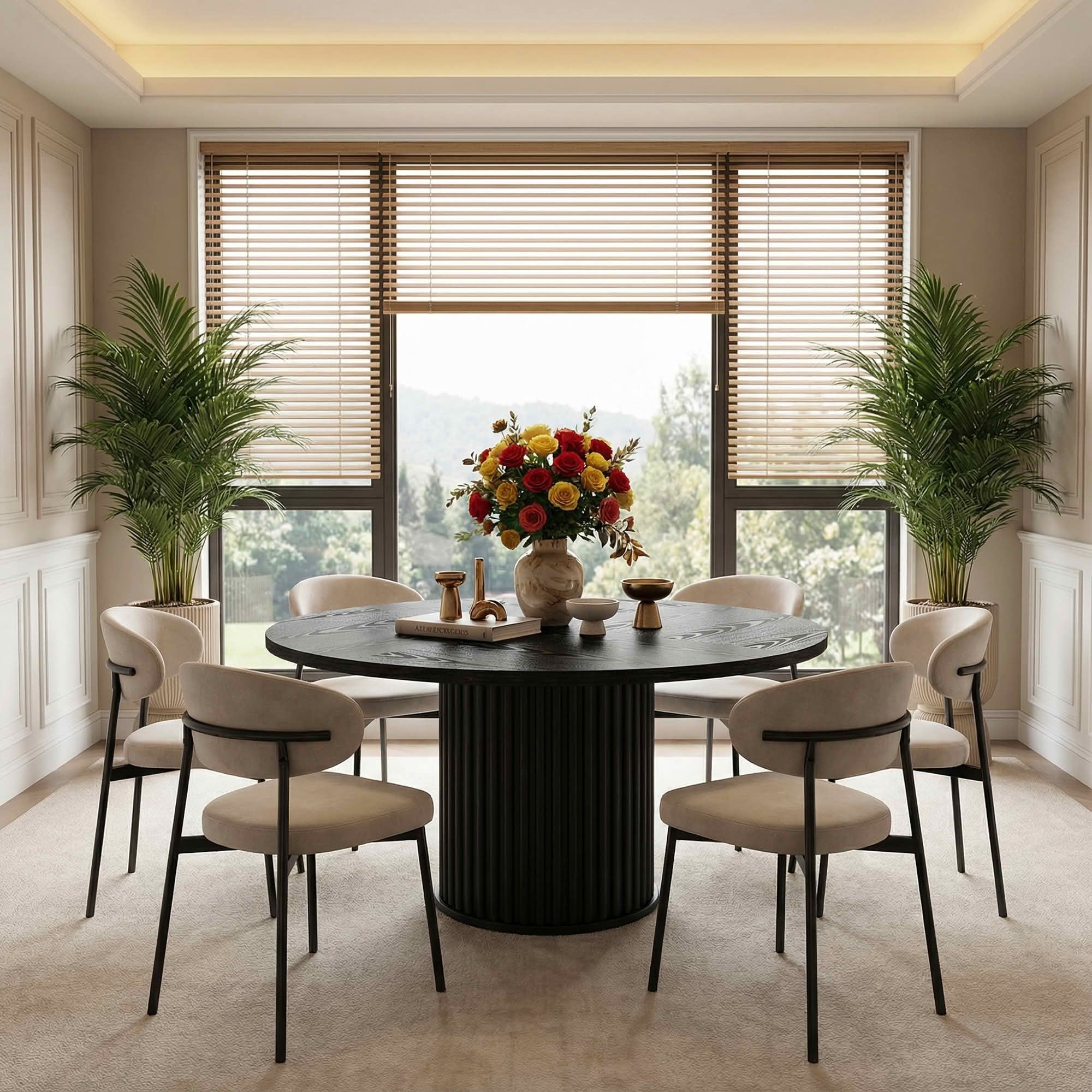 MAYEERTY 47 Inch Round Dining Table, Modern Wood Kitchen Table with Fluted Metal Base for 6 People