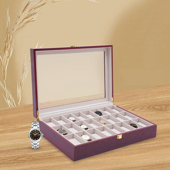 Miumaeov 24 Slot Wooden Watch Box Display Case Glass Top Jewelry Storage Organizer   Lock for Men and Women