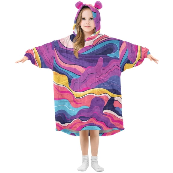 Bright Color Waves Flannel Wearable Blankets Hooded Design Long Sleeves Wrap Unisex for 3T-14Y S