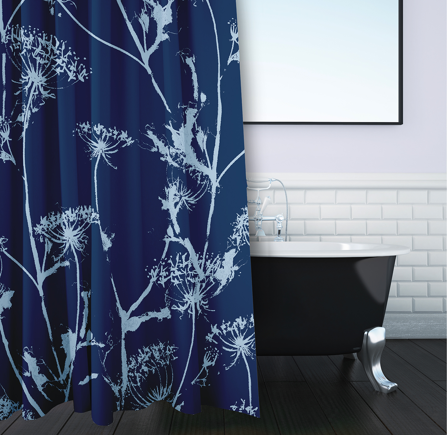 Simply Daisy 70" W x 73" L Windy Blossom Polyester Shower Curtain, Navy [1 Ct]