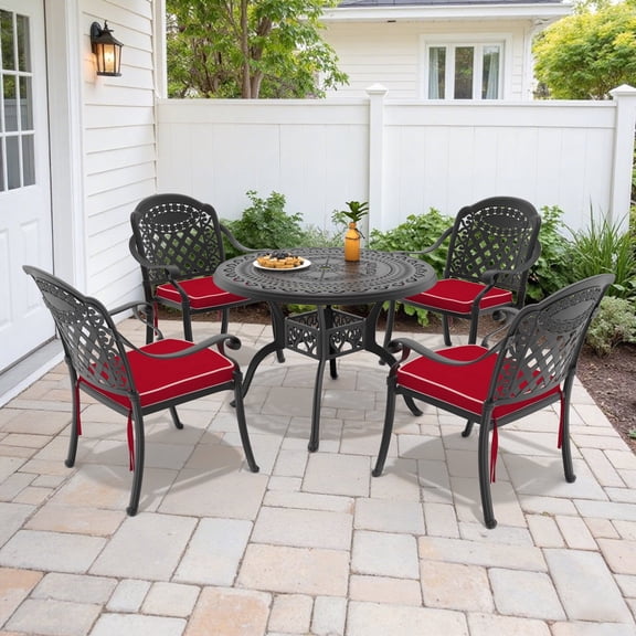 Hzzkey 5-Piece Black Cast Aluminum Outdoor Dining Set, Round Table with Umbrella Hole, Red Cushions for Patio/Garden