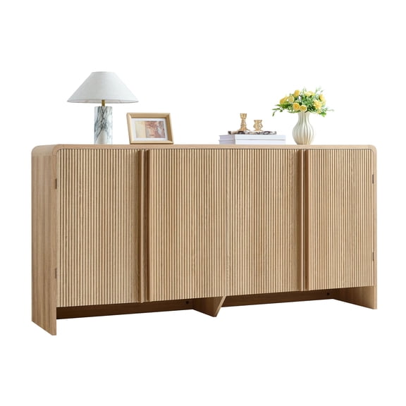 Papajet 63" Fluted Sideboard Buffet Cabinet with Storage, Modern Credenza with 4 Doors & Adjustable Shelves for Kitchen, Living Room, Natural Oak