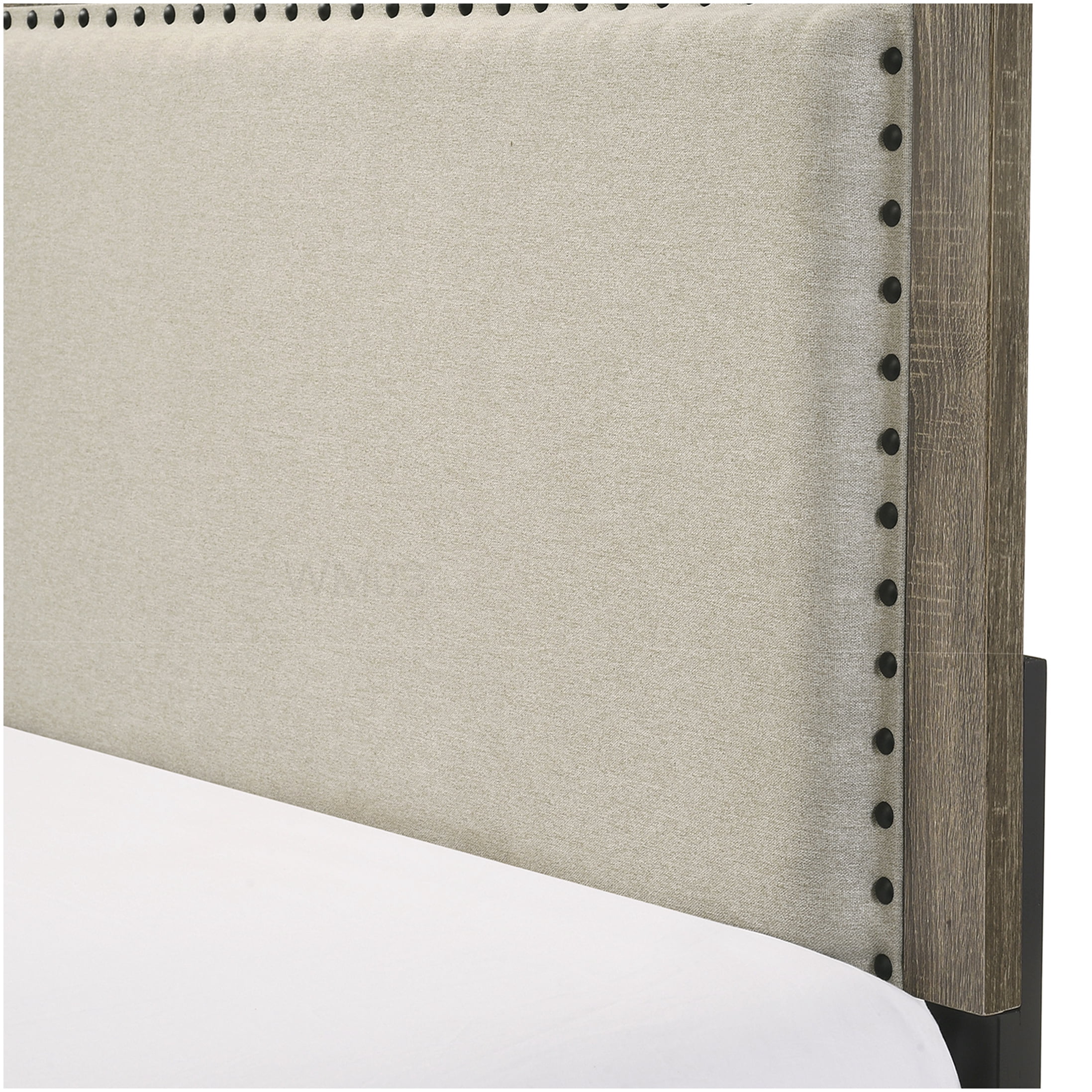 Modern Grey Upholstered Queen Bed, Platform Bed Frame with Button Tufted Headboard and Nailhead Accents