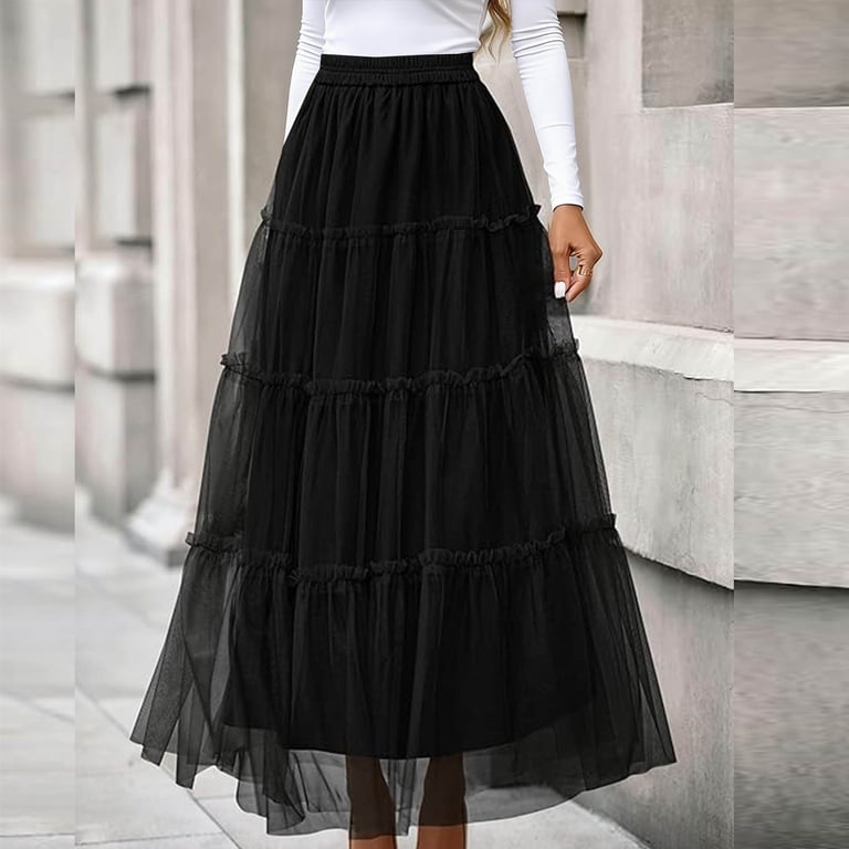 Ohufall Womens Skirt Elastic High Waist Layered Midi Skirt Solid