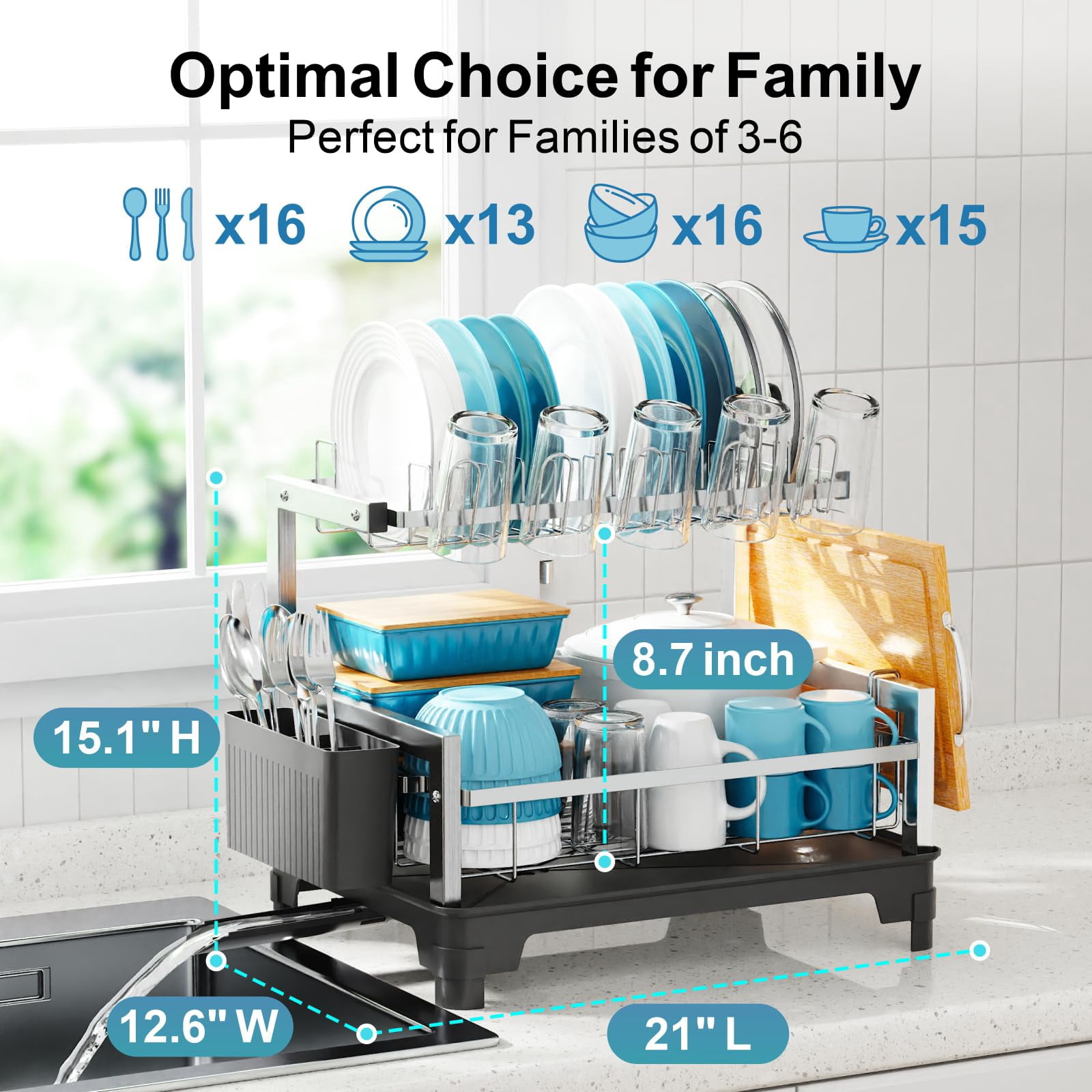 Stainless Steel Dish Drying Rack 2 Tier  Compact Racks For Kitchen Counter With Board Holder Auto-drain Spout Rust Proof Drainer Apartment 21" L X 12.6" W