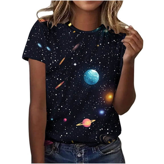 Staron Women's Casual Short Sleeve T-Shirt Galaxy Print Round Neck Loose Fit Basic Tee Top, XL