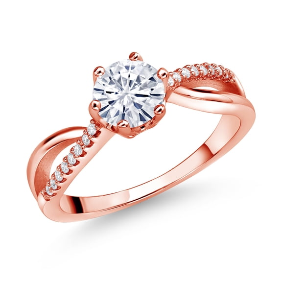 Gem Stone King 18K Rose Gold Plated Silver Ring Round Set with Moissanite (0.88 Cttw) (Size 9)