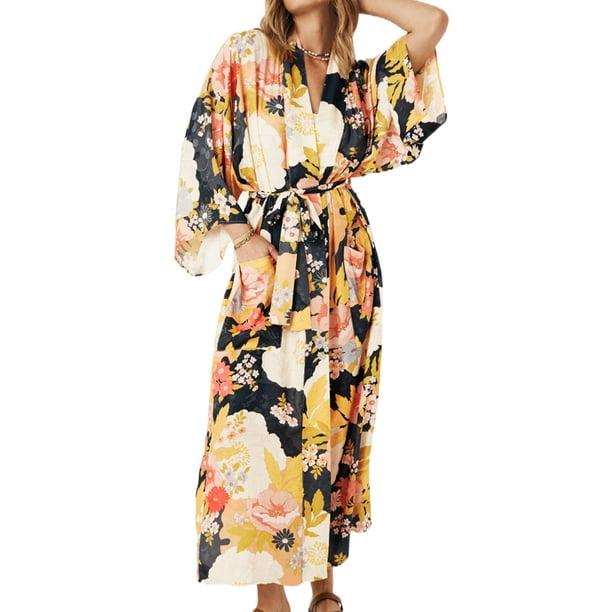 MAWCLOS Ladies Kimono Robe V Neck Bathrobe 3 4 Sleeve Dressing Gown Loose Sleeping Floral Print Pajamas Yellow XL