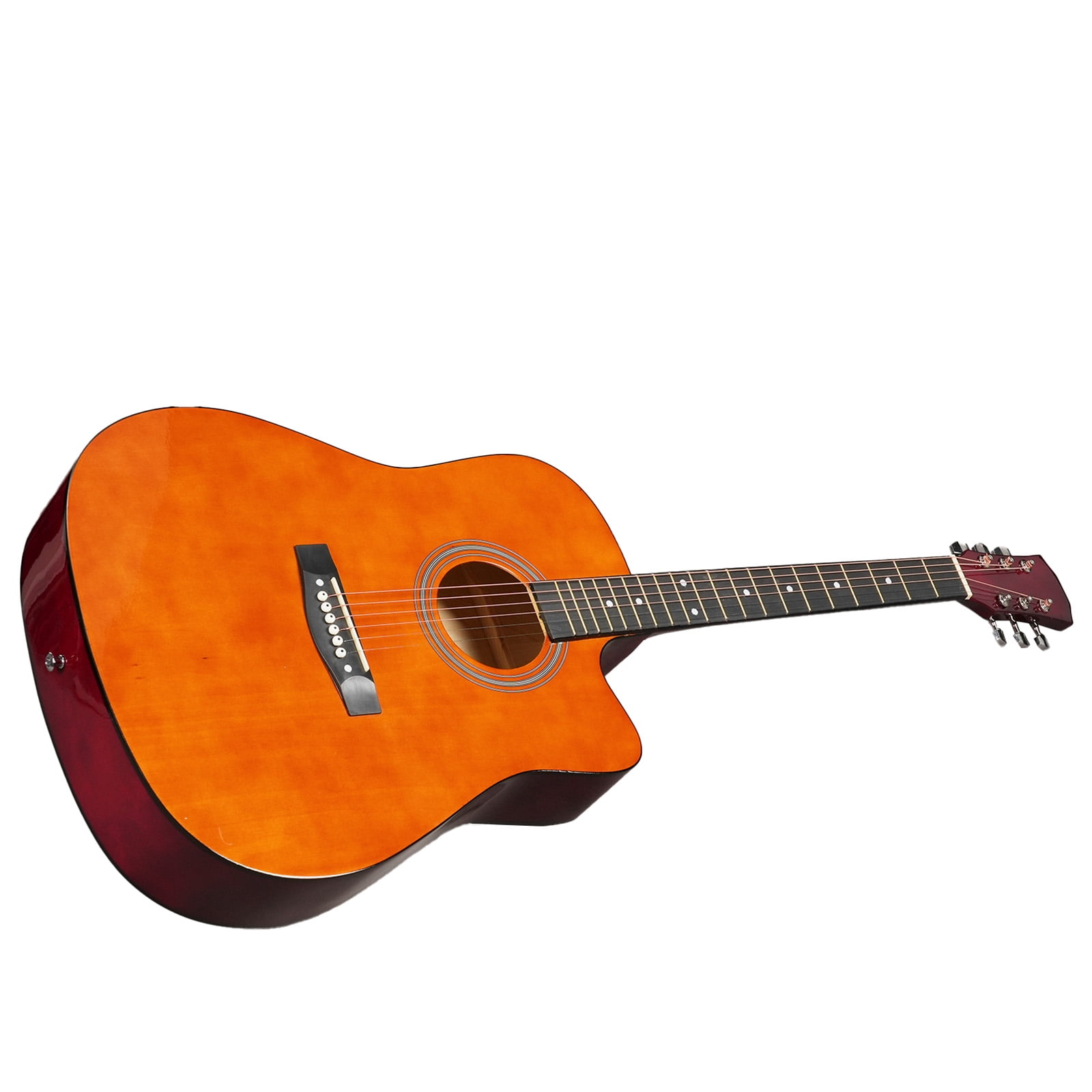 Brown 41-inch Dreadnought barrel-shaped cutaway acoustic guitar with pick, strings, capo, gig bag, tuner, wrench tool, and shoulder strap