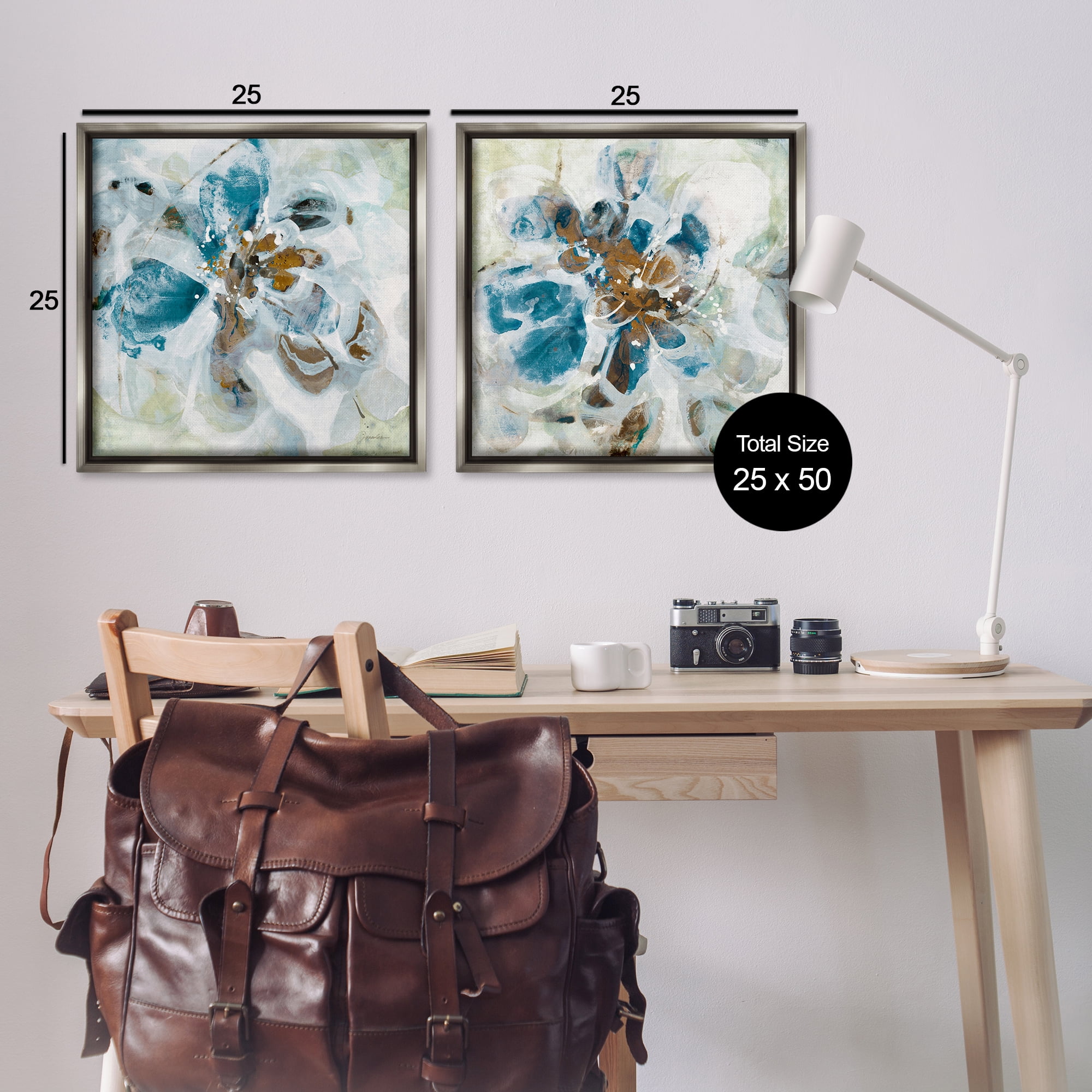 Stupell Industries Teal Abstract Flower Petals Abstract Painting Gray Floater Framed Canvas Art Print Wall Art, 25 x 25, Set of 2