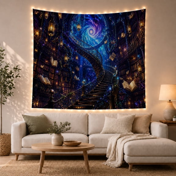 Fantasy Library with Spiral Galaxy, Mystical Dark Academia for Book Lovers, Vintage Library Decor, Housewarming Gift Tapestry Wall Hanging for Bedroom, Home Library