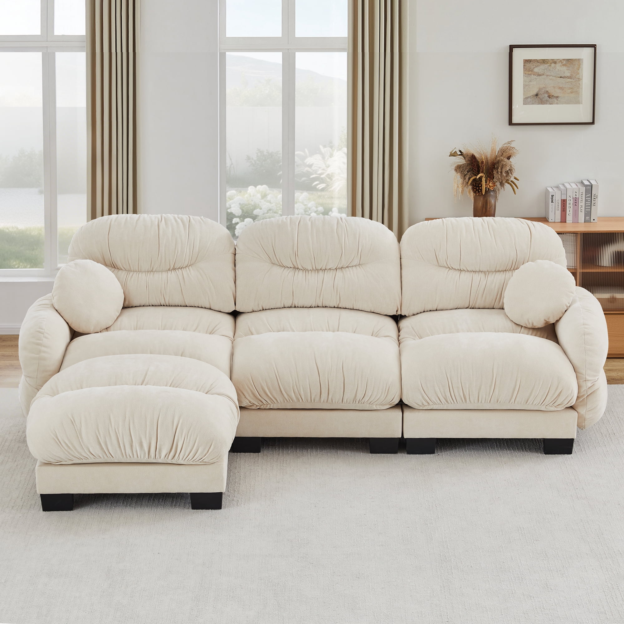 116" 3 Seater Sectional Couch Cozy Chenille Modular Sofa with Ottoman and 2 Throw Pillows