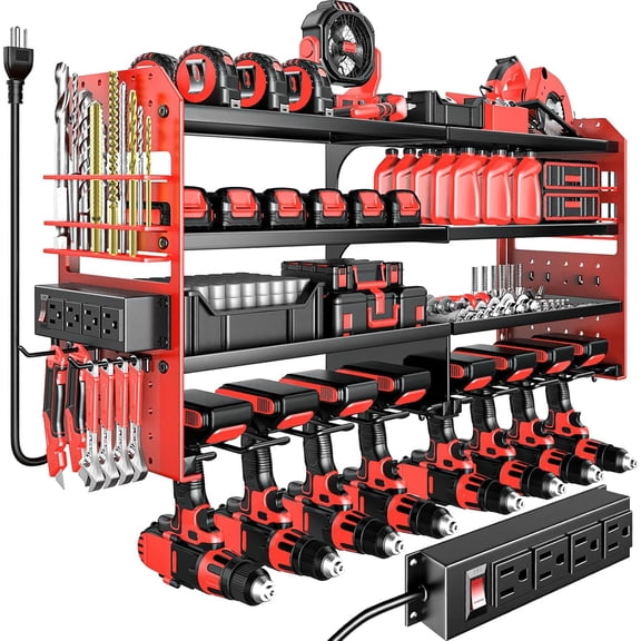 Large Power Tool Organizer Wall Mount with Charging Station, 4 Layer Heavy Duty Metal Cordless Tool Organizer, Tool Storage Rack with 8 Cordless Drill Holder Screwdriver Hammer(Red)