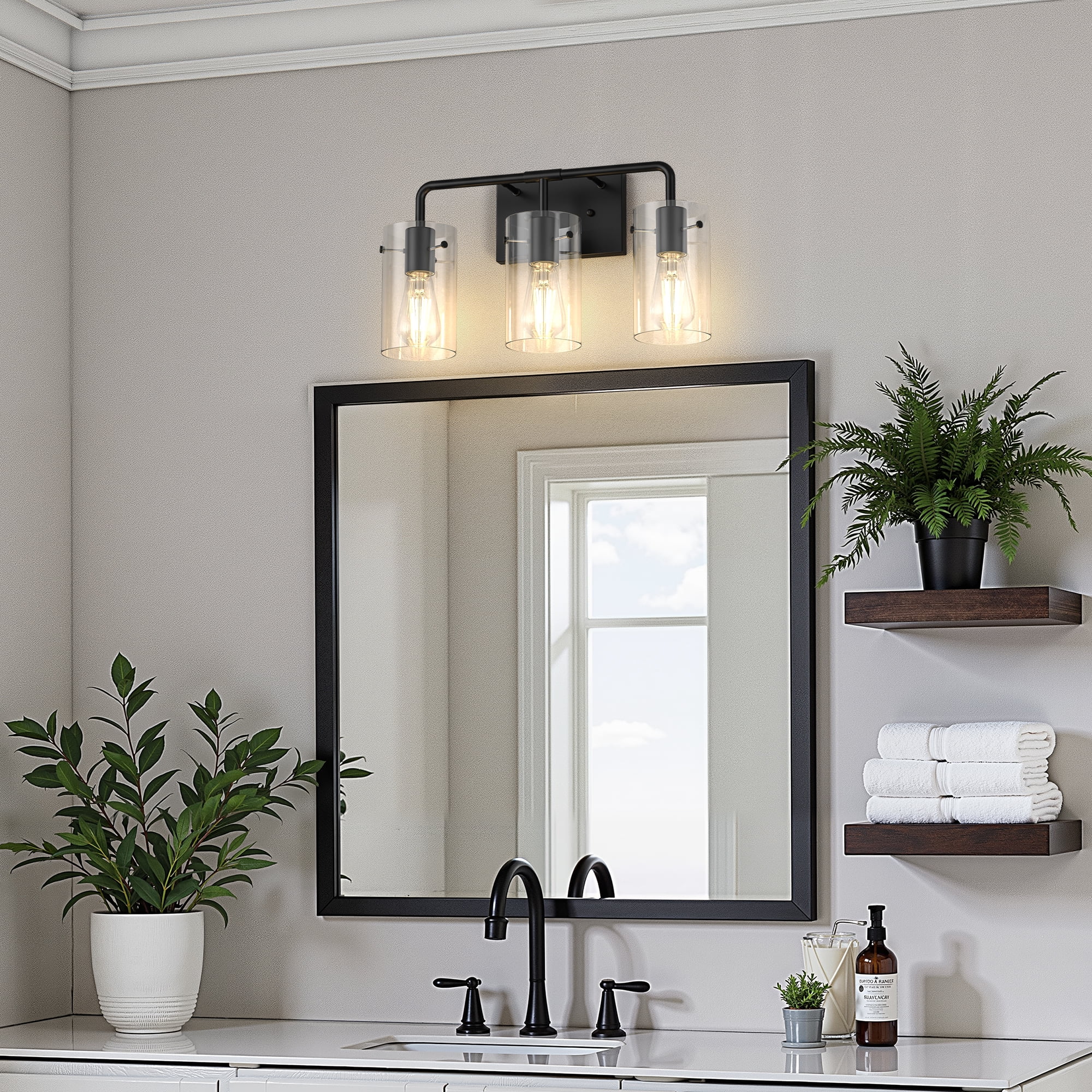 YANSUN Bathroom Vanity Light Fixture, 18 in 3-Light Black Metal Bathroom Light Fixtures Over Mirror, with Clear Glass Shade, Modern Farmhouse Vanity Lights, Rustic Restroom Lighting Fixtures