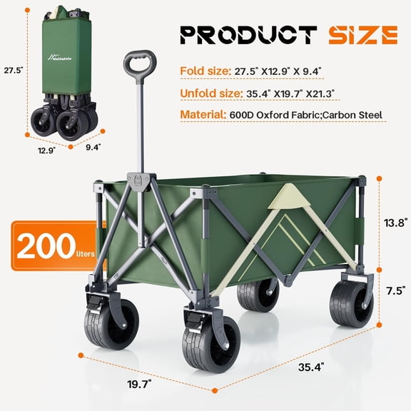 Collapsible Wagon with Table Top, 330LB Heavy Duty Beach Cart for Sand Camping Garden Grocery, Green Foldable Utility Cart with Big Wheels