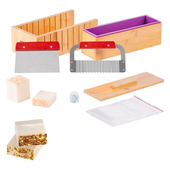 Soap Making Kit, Bamboo Cutter Box, Silicone Mold, Steel Cutters, 100 Bags & 105 Stickers - DIY Soap Supplies for Adults - Uniform 1 Inch Soap Bars