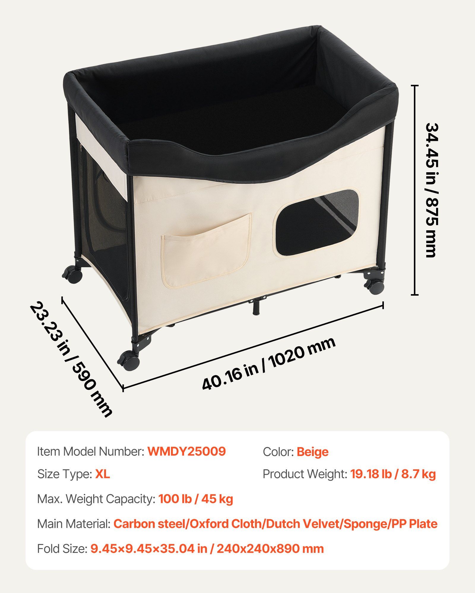 Elevated Lounge Pet Bed XL Foldable Bunk Dog Bed with Dual Levels, Swivel Wheels, Side Storage Bags, Waterproof Oxford Base, Carbon Steel Frame and Portable Design for Travel and Home Comfort