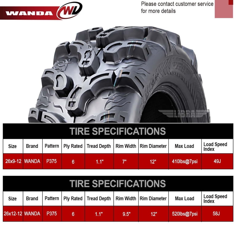 WANDA P375 25x10-12 UTV ATV Tire – 6PR, 1.03" Ultra Deep Mud Tread, 420lbs Load, 7psi Max