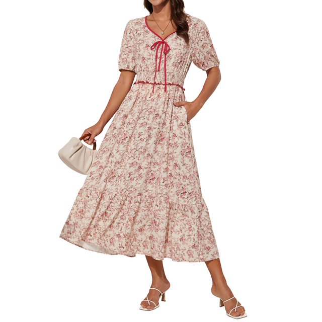 Vestido de verano Grace Karin 2025 de manga corta con estampado floral, beige y rosa