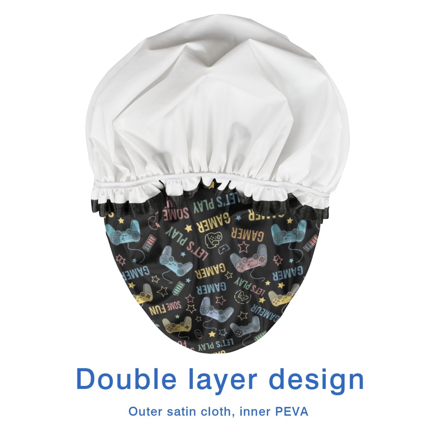 Shower Caps,Colorful Games Word Black Pattern Waterproof Shower Cap for Women 4 Pieces,Double Reusable Hair Cover for Shower PEVA Elastic Stretch Hem