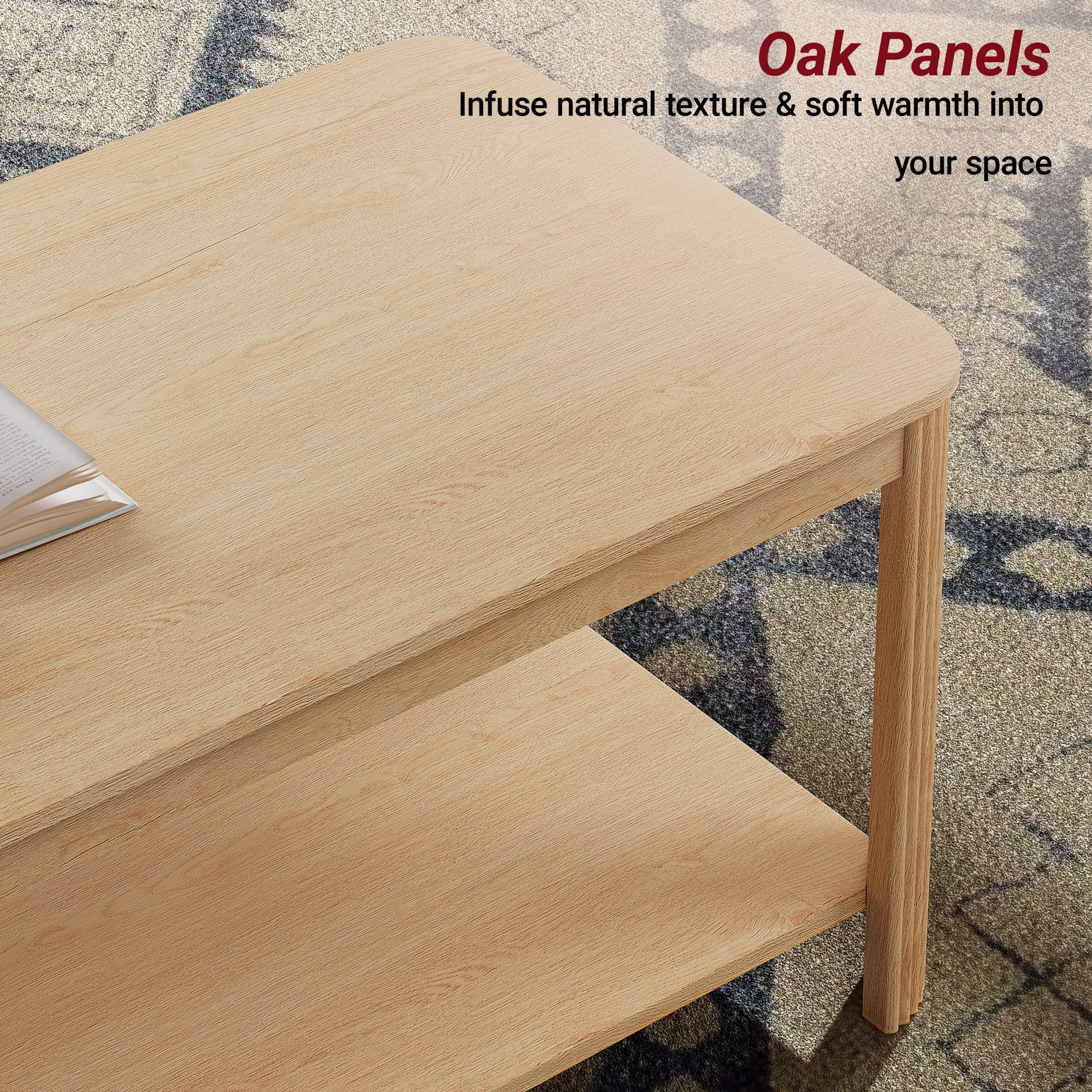 Noble House 39.4" Rectangular Coffee Table with 2-Tier Storage Shelf, Vertical Wave Grain Legs, Oak