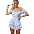 thumbnail image 5 of IBTOM CASTLE Women Boho Romper Off Shoulder Ruffle Chiffon Shorts Mini Dress Floral Print One Piece Casual Strapless Jumpsuit S Light Blue, 5 of 8