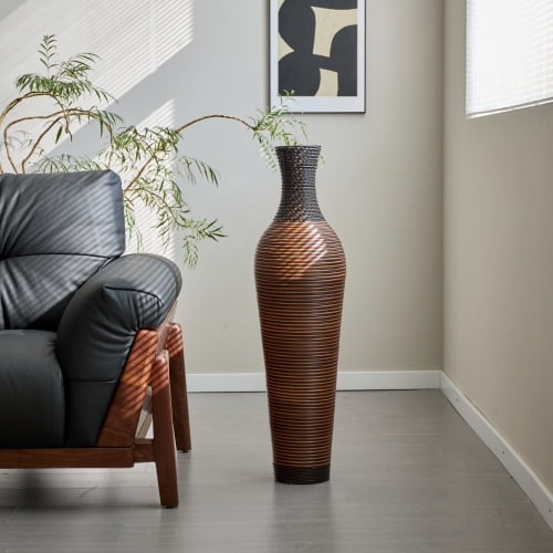 Farmhouse Boho Style Vase, 39 Inch Tall Decorative Vase for Home Decor, Hand-Woven PVC Rattan Floor Vase for Living Room Entryway Office –Black Gray