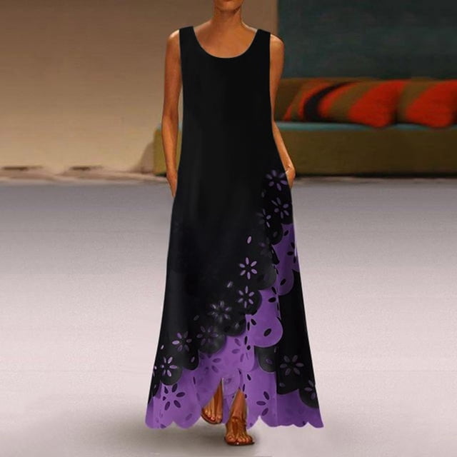 jsaierl Robe Longue Maxi Sans Manches à Imprimé à Col Rond pour Femmes, Chemise de Plage, Robes pour Femmes 2024