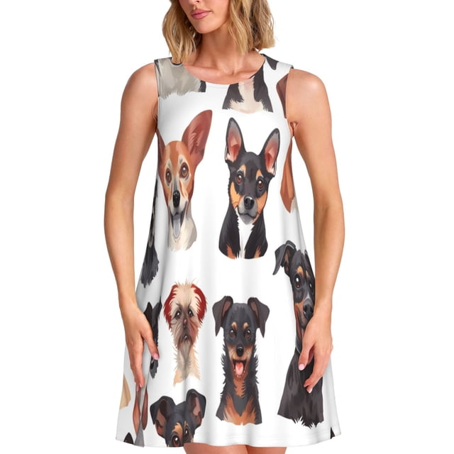 Easygdp Happy Dog Faces Collage para Vestido Transpirable de Mujer, Vestido Suelto de Manga Corta con Pliegues y Bolsillos para el Verano