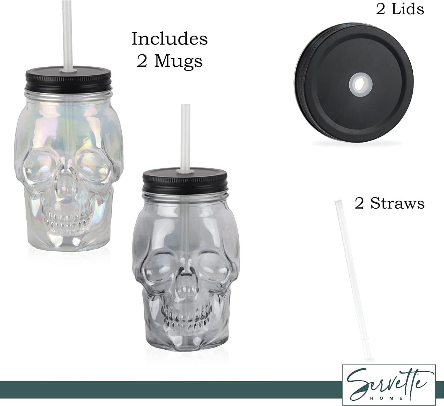 Skull Mason Jar Mug Glass Tumbler Cup with Cover and Straw - 16oz, Set of 2
