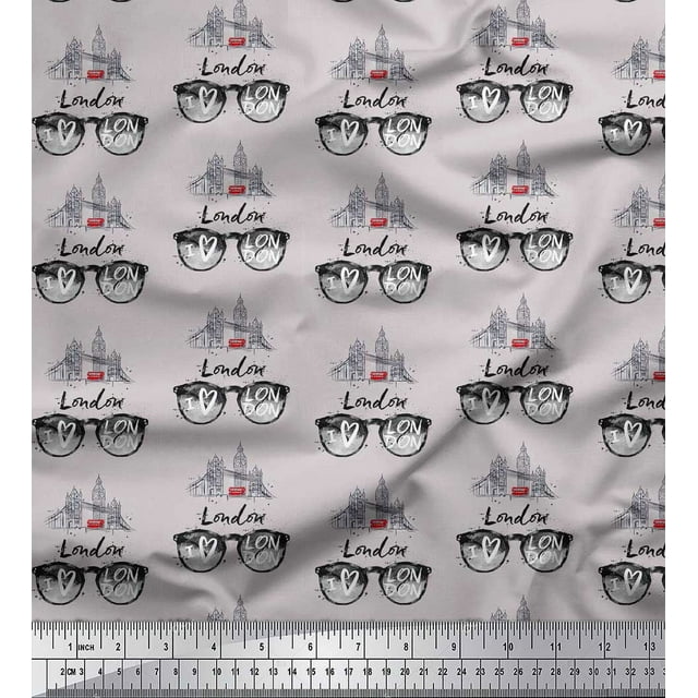 Soimoi Gray polyester Crepe Fabric I Love London Text Print Sewing Fabric Yard 42 Inch Wide