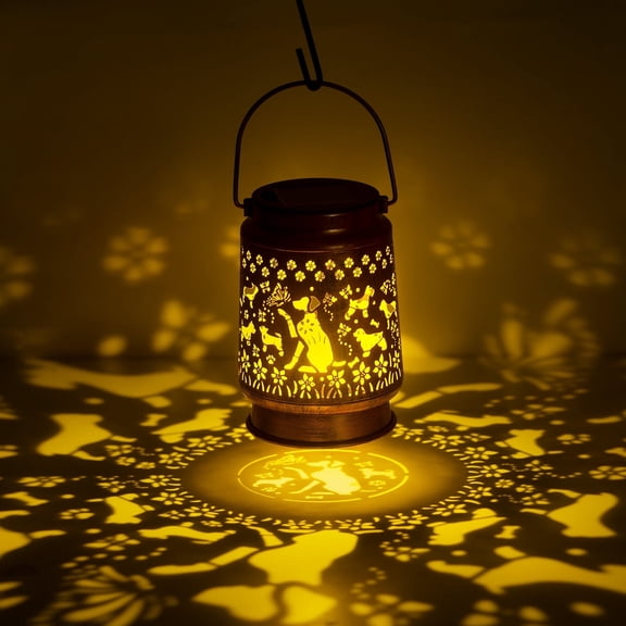 Outdoor Solar Hanging Lantern Lights Metal LED Decorative Light for Garden Patio Courtyard Lawn and Tabletop with Hollowed-Out Design.Dog ﻿