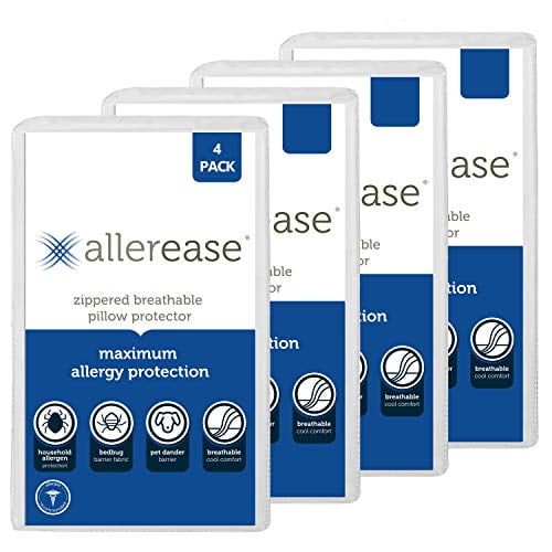 Aller-Ease Maximum Allergy Pillow Protector Standard/Queen, 4-Pack Hypoallergenic Pillowcase, Zippered Design Prevents Collection of Bedbugs and Allergens, Machine, 4 Pack, White