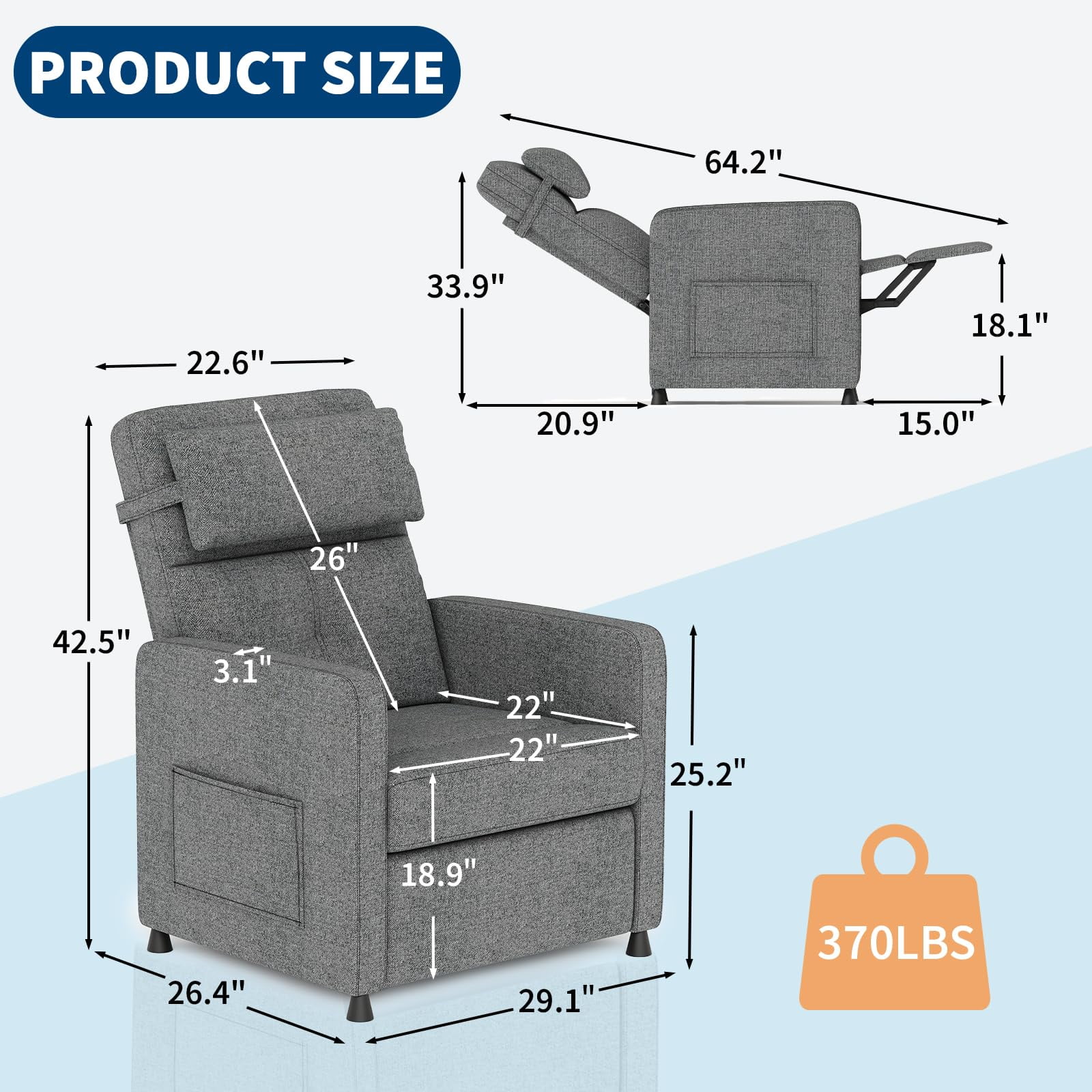 Power Recliner Chair with Adjustable Electric Recliner, Ergonomic Overstuffed Rocking Sofa with 2 Side Pockets & USB Port for Living Room, Bedroom,Gray