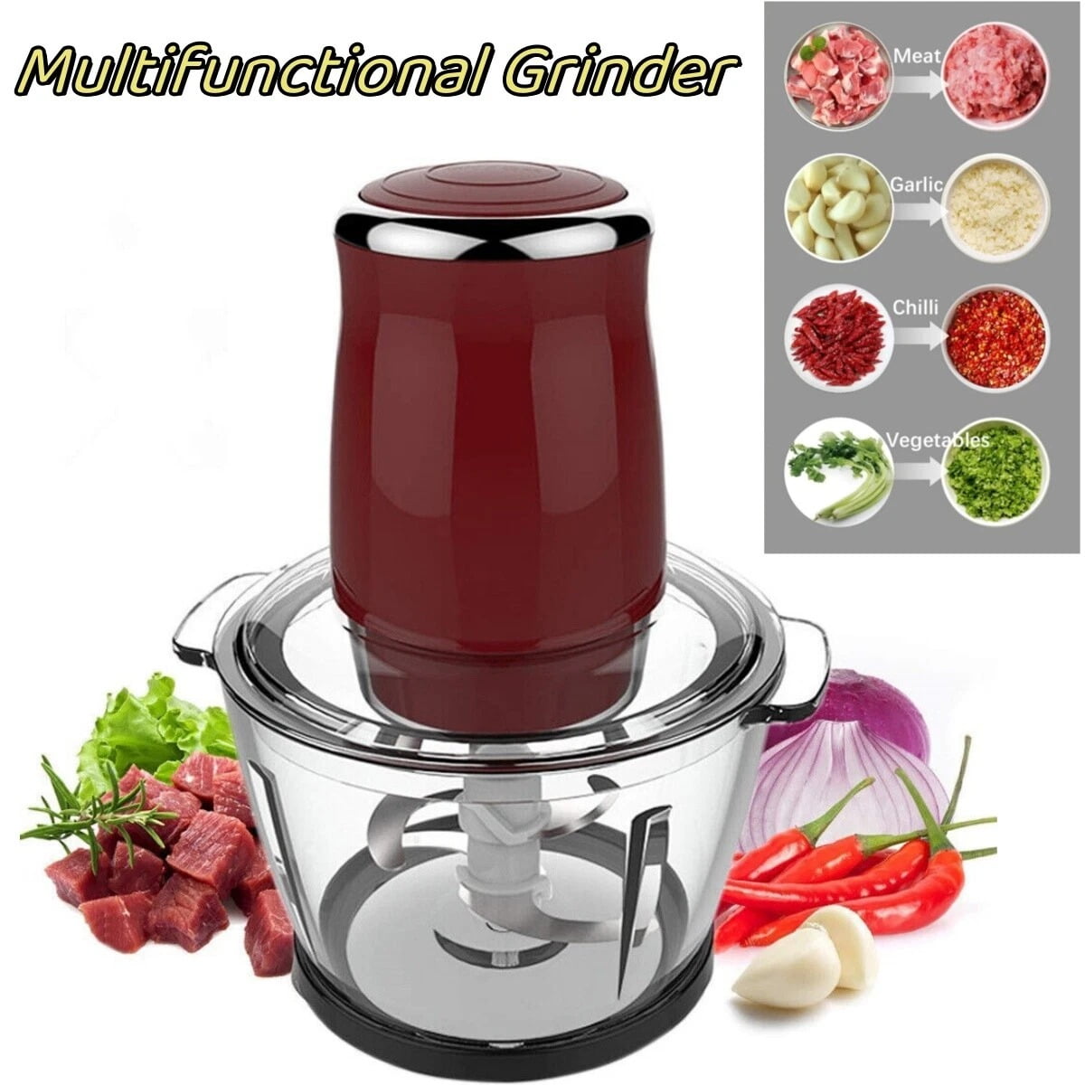 Eurhowing Electric Meat Grinder & Vegetable Chopper, 500W Food Processor with 1L Glass Bowl, Food Chopper for Meat, Onion, Garlic, Nuts, Baby Food, Red