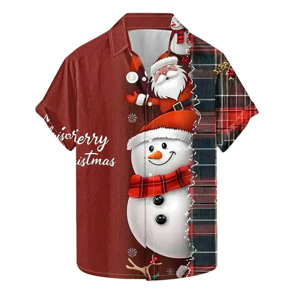 Men's Christmas Shirt Xmas Hawaiian Shirts Santa Claus Reindeer Shirt Funny Snowman Printed Blouse Button Down Shirts Christmas Lapel Pullover Soft Comfortable Vacation Tops for Men S-5XL